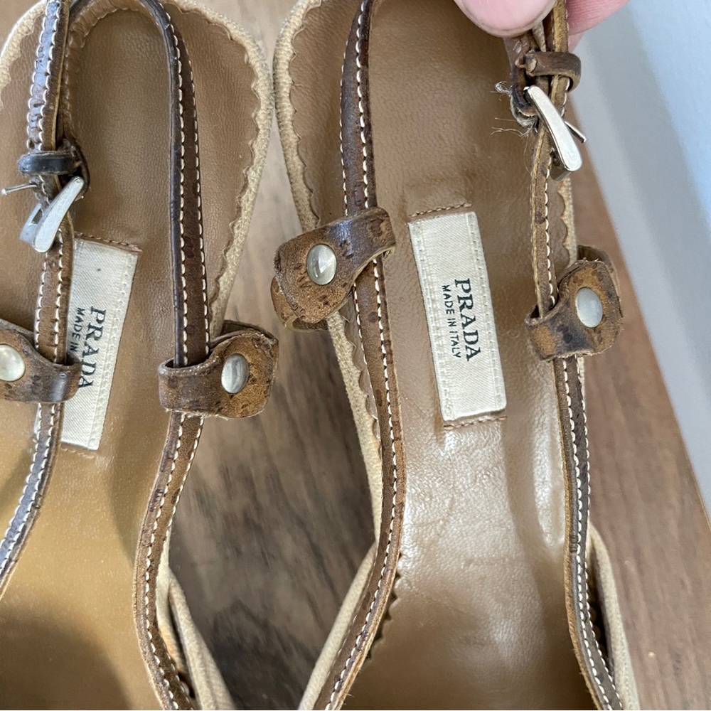 Prada Canvas & Suede Buckle Slingback Mules Heel Pumps shoes size 37.5 - Picture 3 of 11